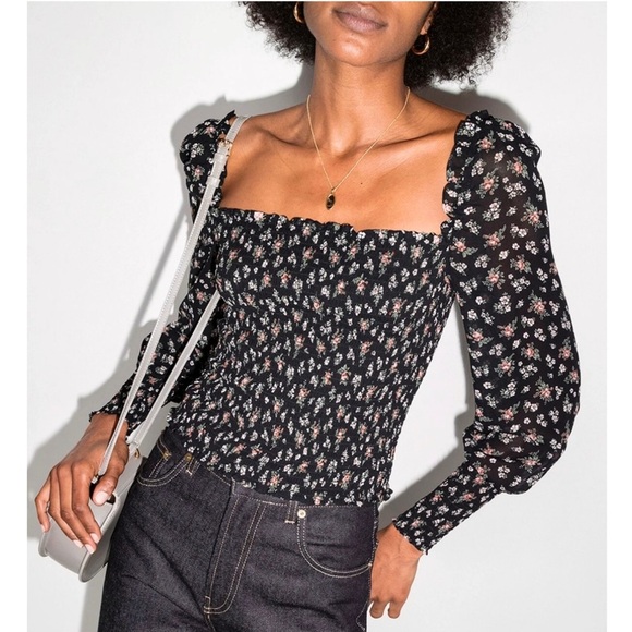 REFORMATION 90s Floral Crepe Smocked Puff Long Sleeve Square Neck Cropped Top M - Picture 1 of 9